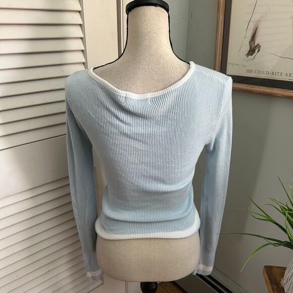 Vintage RAMPAGE Sweater Womens Medium Blue Cropped Plunging V-Neck Ribbed Y2K - Picture 4 of 8